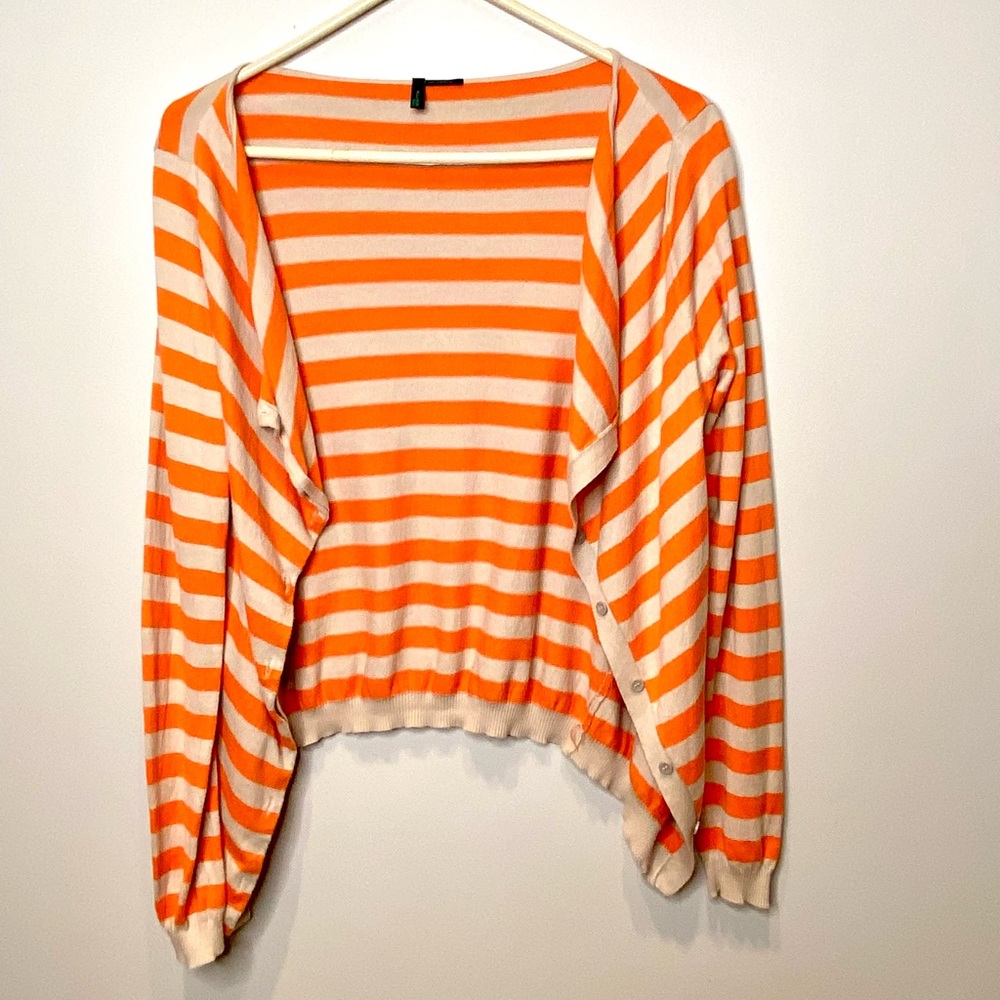 Benetton Orange and Beige Navy-Collar Striped Cardigan, Size M